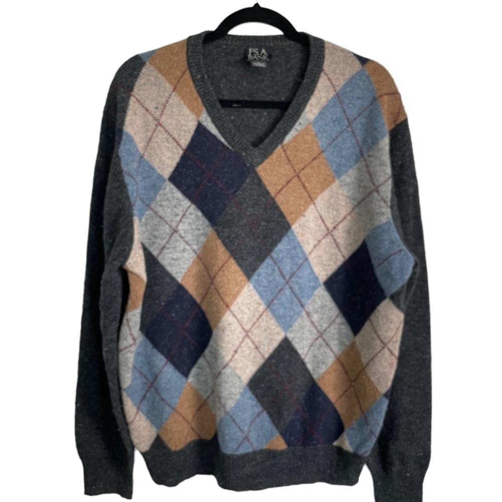 JoS A Banks Argyle Geometric Lambs Wool Blend V-Neck Sweater Gray SZ M